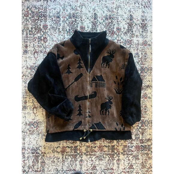 Vintage Denali Women's Full Zip Fleece Jacket Black/Brown - Picture 1 of 4
